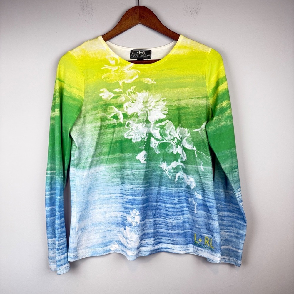 Lauren Ralph Lauren Ombre Floral Activewear Top Womens M Watercolor Coastal